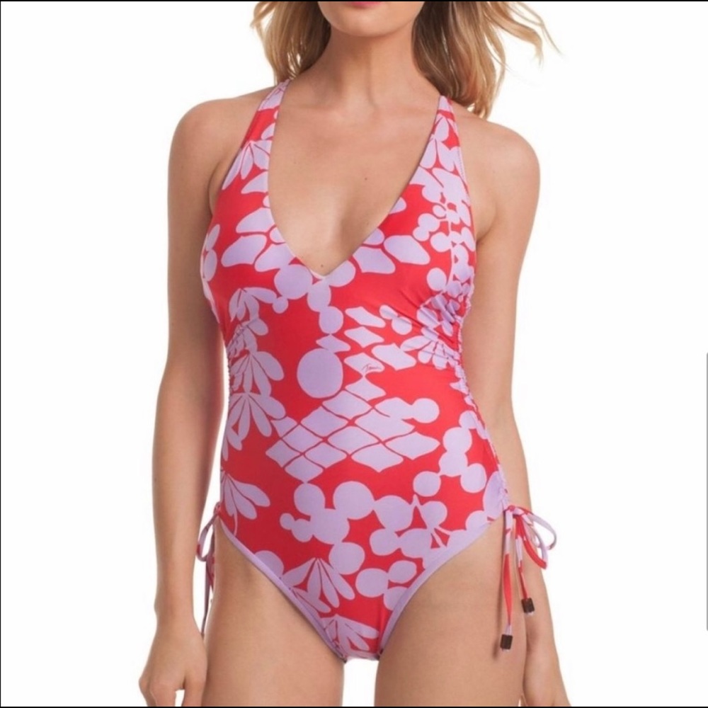 Trina Turk t-back one piece red & purple swimsuit